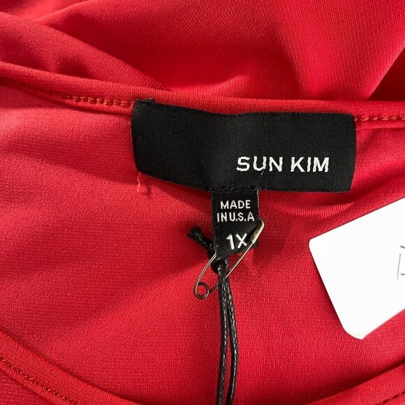 Sun Kim Dress Cold Shoulder Red Solid Polyester‎ Spandex NWT Women's 1X - Picture 10 of 11